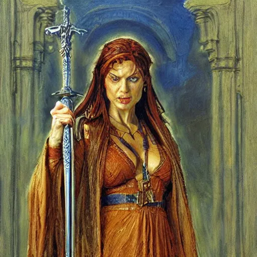 Image similar to priestess holding a sword, by donato giancola and berthold woltze.