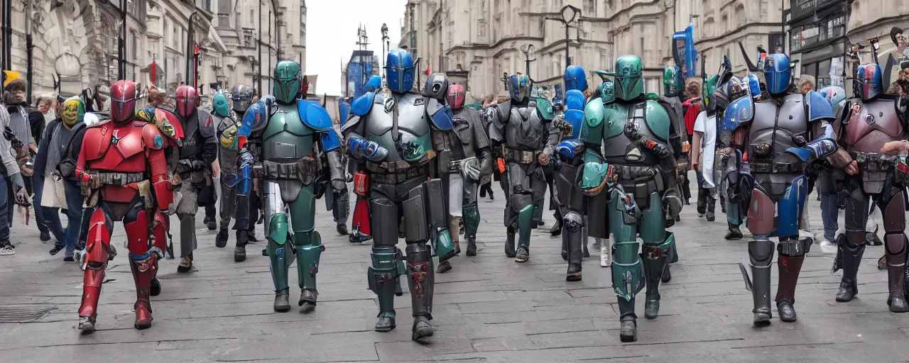 Prompt: mandalorians looking bored on the streets of London, single Polish flag somewhere