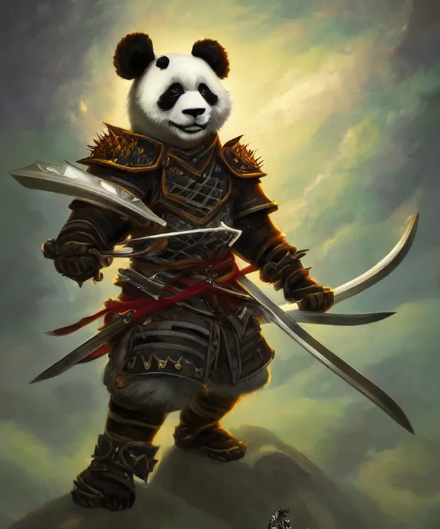 Image similar to a portrait an anthropomorphic panda samurai holding a katana, wearing armor with spiked shoulders, landscape in background, dnd character art portrait, world of warcraft style, by peter mohrbacher, cinematic lighting