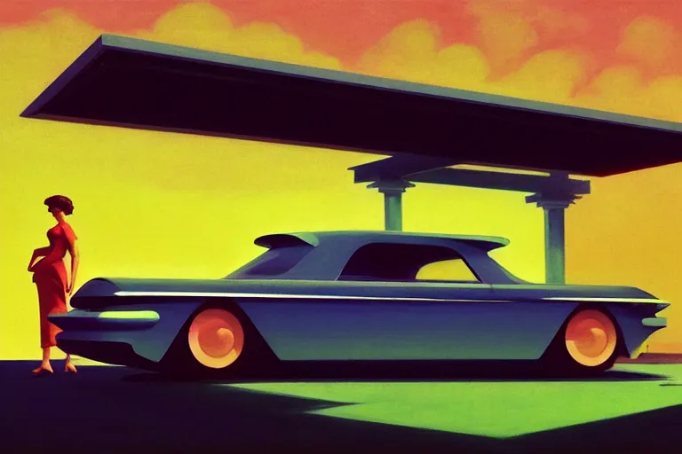 Image similar to a cinematic matte painting of a boxy 1 9 6 0 s vaporwave retro - futurism sci - fi car with solar panels on roof and doors in a cluttered garage in mumbai. by edward hopper, glennray tutor and greg rutkowski. trending on artstation.