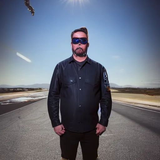 Prompt: a beautiful portrait of an extremely cool bloke wearing a pair of sunglasses called speed dealers, on a hot australian day, high quality, photography, volumetric lighting, 8 k