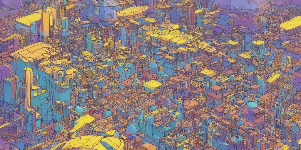 Image similar to colourful illustration of space. a floating settlement in centre. moebius. science fiction art. detailed digital painting.