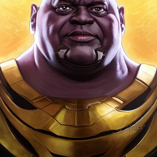 Image similar to portrait of Lavell Crawford as Thanos, elegant, intricate, headshot, highly detailed, digital painting, artstation, concept art, sharp focus, illustration, art by artgerm and greg rutkowski and alphonse mucha