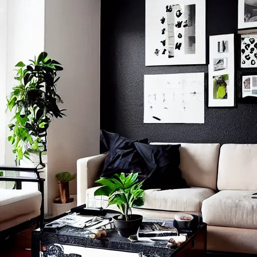 Prompt: living room interior design with style of japandi, ikea, warm wood, urban jungle plants, dark tile floor, art wall, music instruments, music records