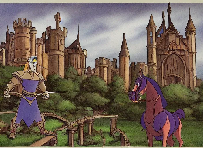 Image similar to animation key shot of a knight, gothic castle in the background, by don bluth