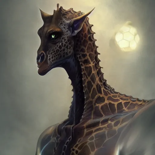 Image similar to beautiful full body portrait of a human - giraffe hybrid male wizard, scaley!! black onyx skin, by wlop and artgerm, steampunk fiction, detailed deep black eyes, space background, trending, on artstation.