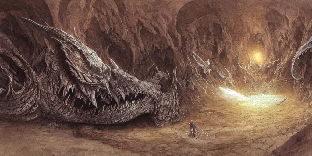 Image similar to artwork by john howe of the ruthless cavern leviathan