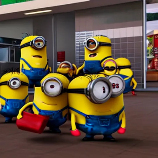 Image similar to minions raiding a local mcdonalds, stealing all the goddamn burgers, dramatic scene