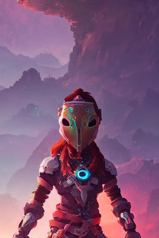 Image similar to combination suit armor aloy horizon forbidden west horizon zero dawn radiating a glowing aura global illumination ray tracing hdr fanart arstation by ian pesty and alena aenami artworks in 4 k tribal robot ninja mask helmet backpack