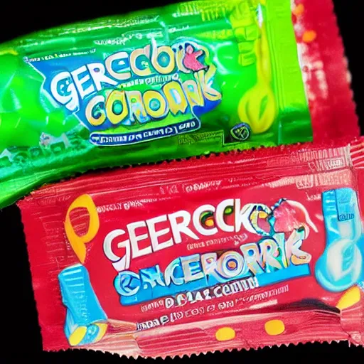 Prompt: discarded wrapper!! of a geckronome candy bar, product photography advertisement 4 k