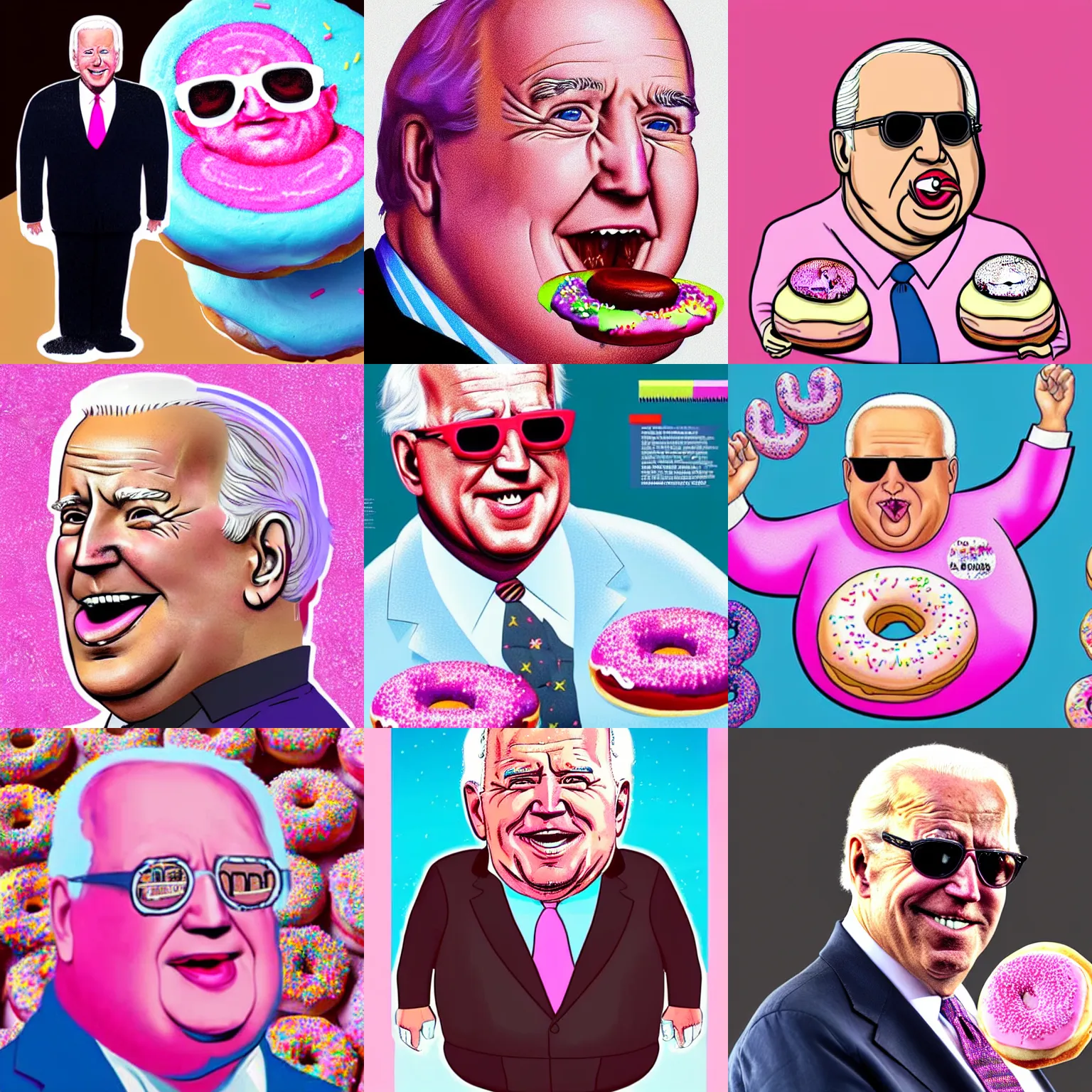 Prompt: a morbidly obese Joe Biden keeps eating Pink Frosted Sprinkle Covered Doughnuts, incredible detail, way more than you wanted to see, he is wearing sunglasses still, beautiful art, funny