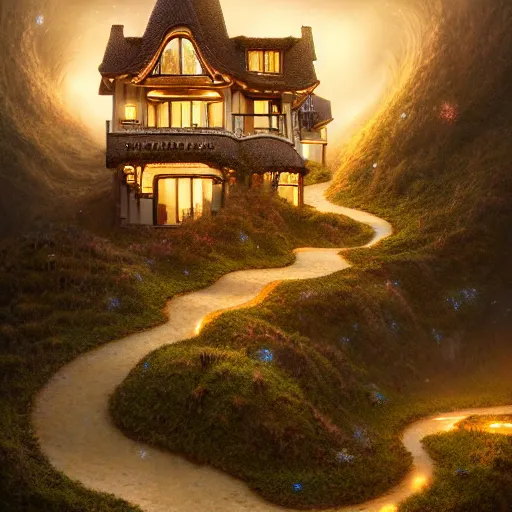 Image similar to ! dream small hillside house made of honey and milk, modern lighting, hyper - realistic, hyper - detailed, 8 k, octane rendered, art nouveau, organic, flowing, impossible torsion, writhing, dusk, lush, dynamic, in the style of ross tran and jean baptiste monge