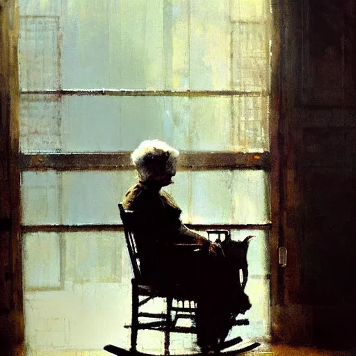 Image similar to lonely old woman sitting alone on rocking chair, painting by jeremy mann