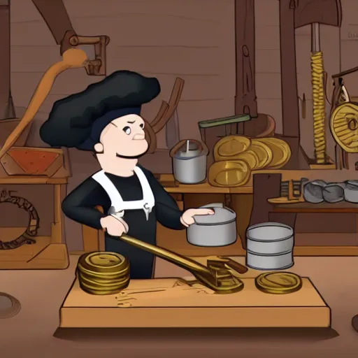 Image similar to cartoon blacksmith is minting coin on his anvil