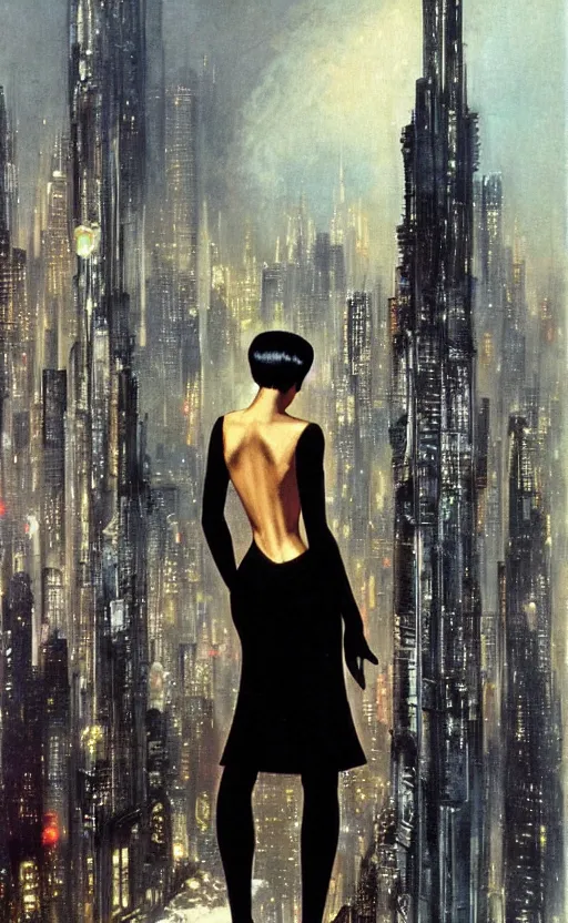 Image similar to an elegant Black woman in dress and heels, her back is to us, looking at a futuristic Blade Runner city, by Robert McGinnis.