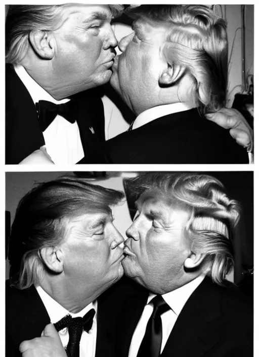 Prompt: beautiful romantic photo of donald trump kissing donald trump. hq