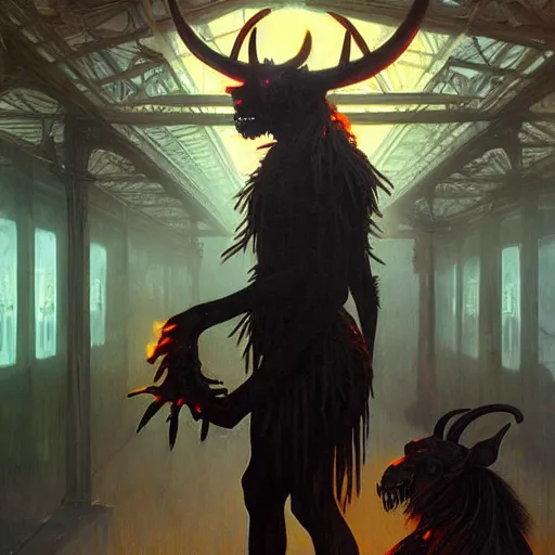 Image similar to menacing aggressive black creature made out of needles, archaic demon, in a gas station, aggressive fluorescent industrial lighting, extremely detailed digital matte painting buy Greg Rutkowski and Alphonse Mucha