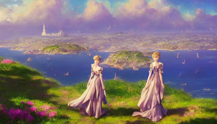 Prompt: over the shoulder landscape painting of violet evergarden standing on a distant colorful flower hill, behind it a distant old european city leiden from violet evergarden next to the reflecting ocean, ocean, sunshine, fantasy, intricate, elegant, highly detailed, digital painting, artstation, blender, unreal engine 5, octane render, smooth, sharp focus, illustration, by Anton Fadeev and Philipp A. Urlich and Pengzhen Zhang and Andreas Rocha