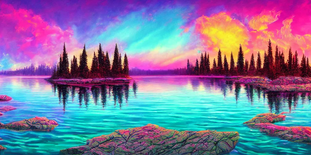 Image similar to beautiful award winning synthwave painting of a canadian lake, extreme detail, digital art, 4 k, ultra hd