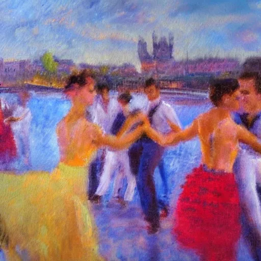 Image similar to impressionist painting of salsa dancers near the seine at sunset