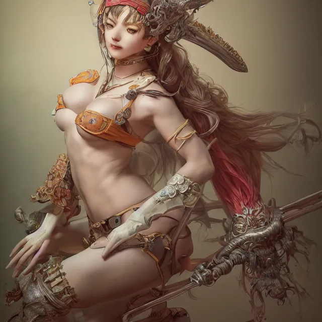 Image similar to studio portrait of neutral good colorful female cleric bard healer as absurdly beautiful, elegant, young sensual swimsuit model, ultrafine hyperrealistic detailed face illustration by kim jung gi, irakli nadar, intricate linework, sharp focus, bright colors, matte, octopath traveler, final fantasy, unreal engine highly rendered, global illumination, radiant light, intricate environment