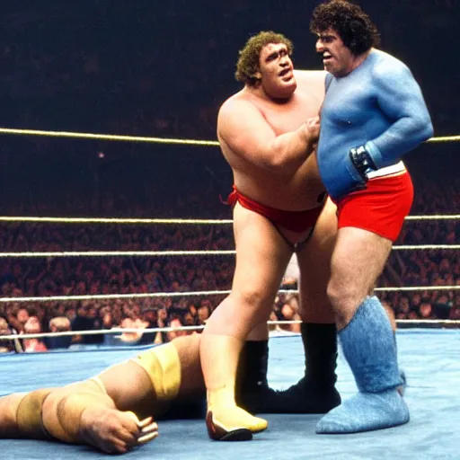 Image similar to shrek vs andre the giant at wrestlemania 8