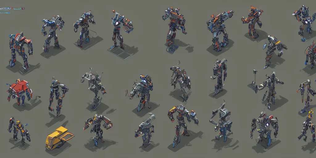 Image similar to isometric mecha character design, idle, colored, sprite, pc game, sideview, art by moebius and greg rutkowski.