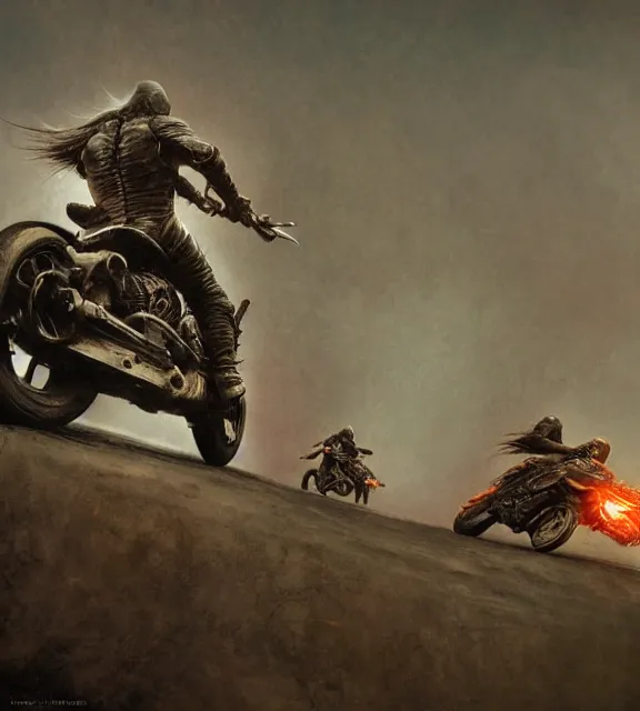 Image similar to motorbikers race in hell, beksinski, age of sigma art, frank frazetta, ruan jia, dark soul armor concept, trending on artstation, wayne barlowe, adrian smith fantasy art, elden ring art, the hobbit art, lord of the ring art, infinity blade armor