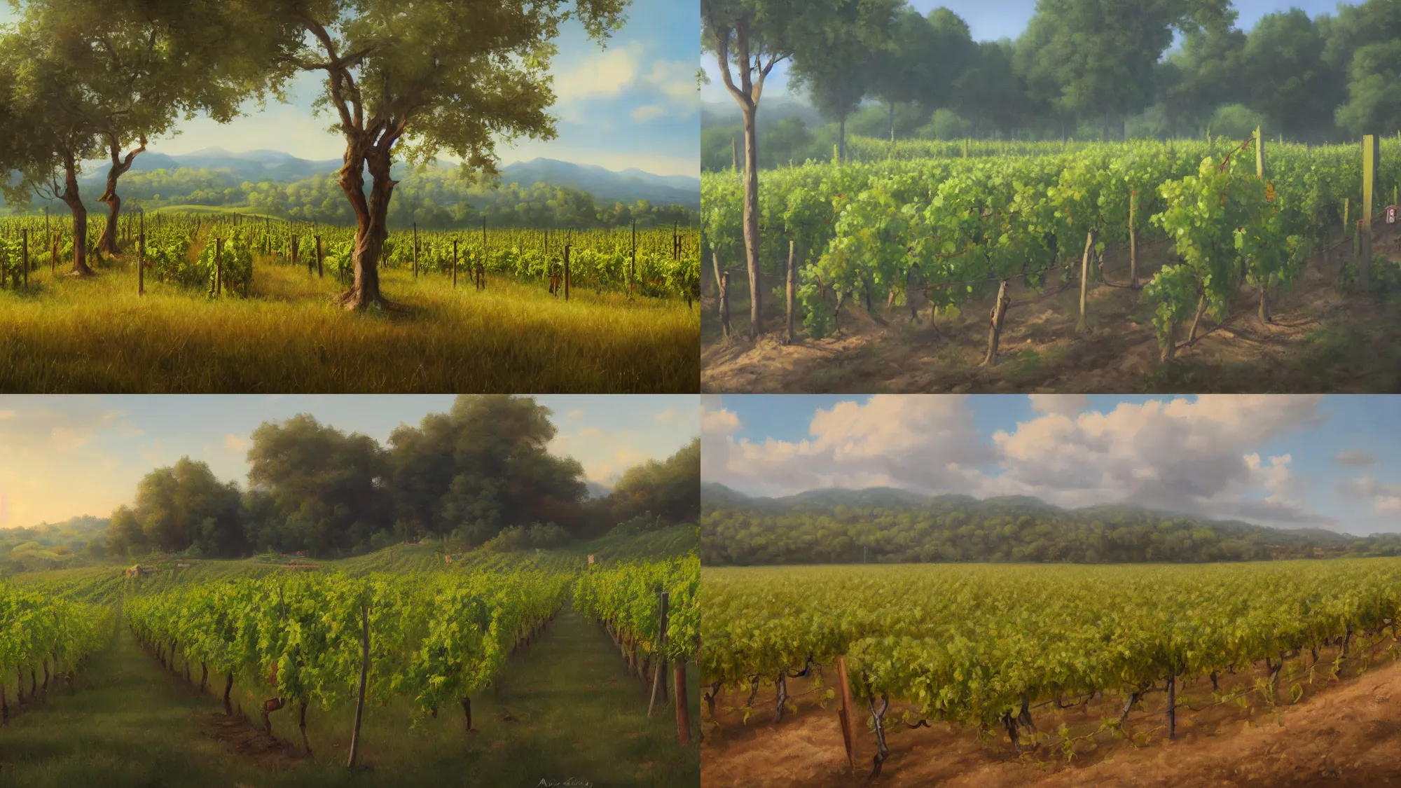 Prompt: trending on artstation, an idyllic vineyard, oil on canvas, matte painting