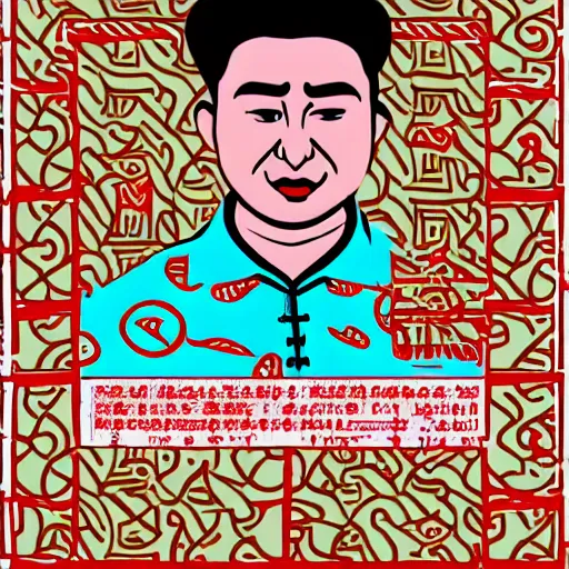 Image similar to uyghur Uighur in a prison behind bars, organ harvesting, in the style of daniel johnston and outsider art, 8k, line brush, overlaid with chinese adverts