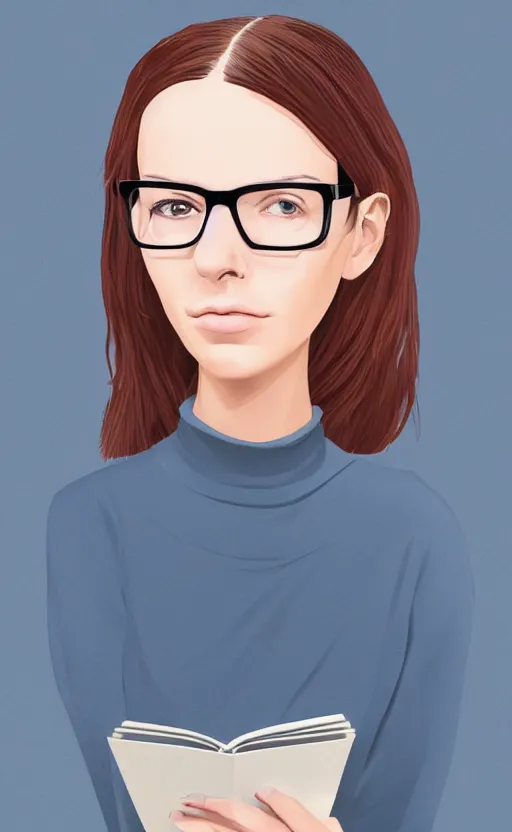 Prompt: a digital art illustrated portrait of a jaded 2 2 - year old gen z female student wearing gold - rimmed reading glasses in the style of peter elson