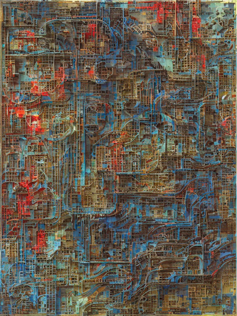 Prompt: a beautiful sculpture by louise nevelson and louis sullivan of a complex subway map, color bleeding, pixel sorting, brushstrokes by jeremy mann, studio lighting, square shapes by robert proch
