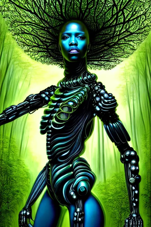 Image similar to hyperrealistic neo - baroque super expressive! black woman with exoskeleton armor, merging with tree in a forest, highly detailed digital art masterpiece smooth cam de leon eric zener dramatic pearlescent blue green light ground angle hd 8 k sharp focus