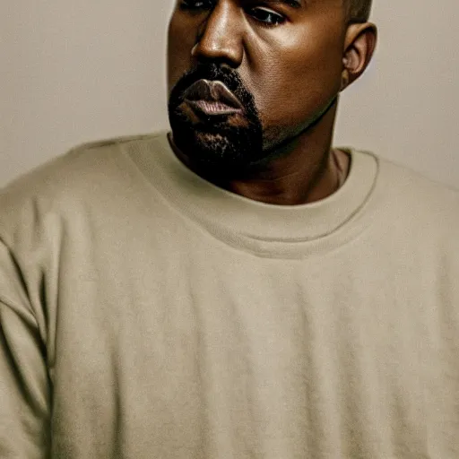 Image similar to the face of older kanye west wearing yeezy clothing at 5 0 years old, portrait by julia cameron, chiaroscuro lighting, shallow depth of field, 8 0 mm, f 1. 8