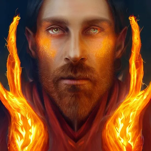 Prompt: a stunning portrait of a human wizard, forming a burning hand spell, highly detailed digital art 4 k trending on artstation