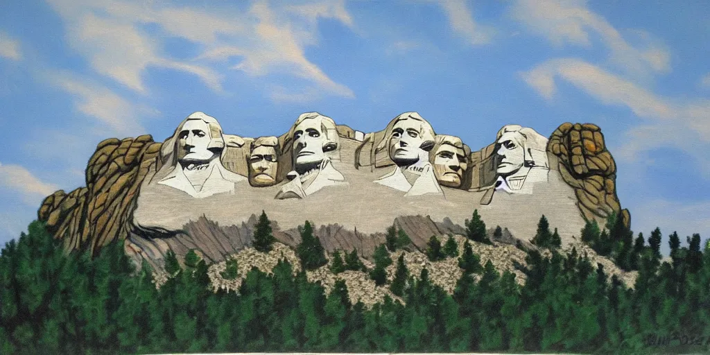 Image similar to a painting of mount rushmore by bob ross