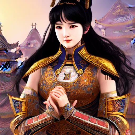 Image similar to portrait black hair young knights of Dynasty Warriors girl, rose golden color armor, in ruin chinese palace rooftop sunrise, ssci-fi and fantasy, intricate and very beautiful and elegant, highly detailed, digital painting, soft light, artstation, concept art, smooth and sharp focus, illustration, art by tian zi and WLOP and alphonse mucha