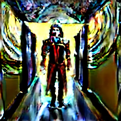 Image similar to a Klingon standing in a Star Trek Federation hallway