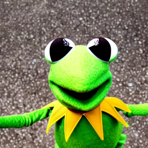 Image similar to kermit the frog accidentally takes a selfie while dropping his phone