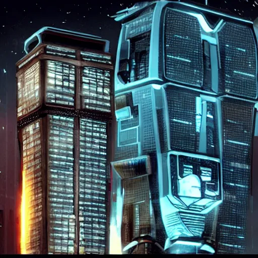 Image similar to giant building, move like robot, sci fi, style of The Fifth Element