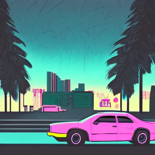 Prompt: car driving down a road towards a city. Neon punk. Digital Painting. Vaporwave. 80s.