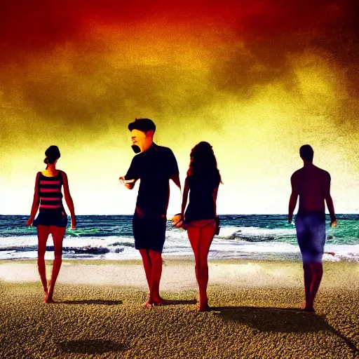 Image similar to a group of people at the beach, crossfade, expressive, photoshop, album cover art