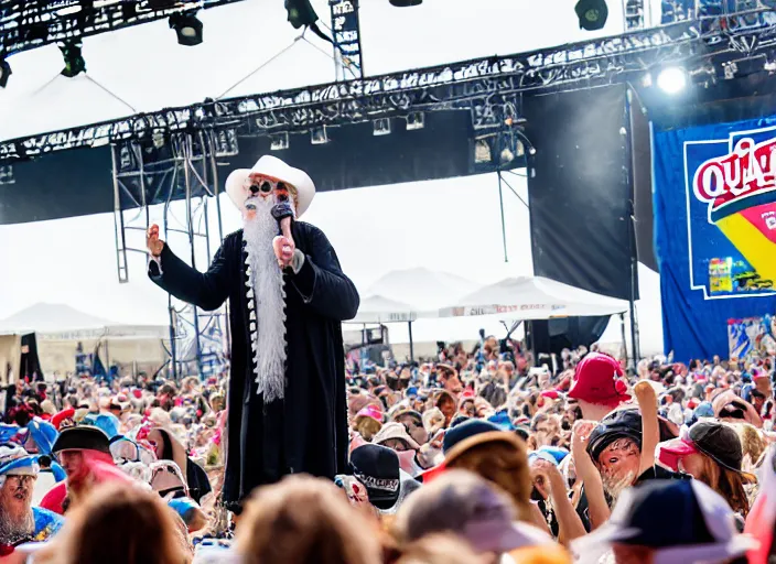 Image similar to photo still of the quaker oats man on stage at vans warped tour!!!!!!!! at age 5 5 years old 5 5 years of age!!!!!!! tossing oatmeal to the crowd, 8 k, 8 5 mm f 1. 8, studio lighting, rim light, right side key light