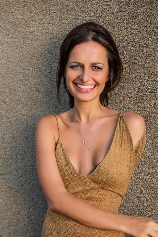 Prompt: olive skinned female model in her thirties wearing dress, smiling softly, focused on her neck, photo realistic, extreme detail skin, natural beauty, no filter, slr, golden hour, 4 k, high definition, selfie