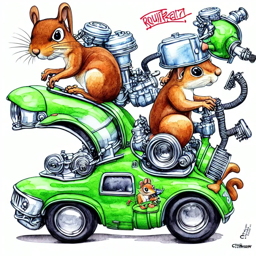 Image similar to cute and funny, squirrel wearing a helmet riding in a hot rod with oversized engine, ratfink style by ed roth, centered award winning watercolor pen illustration, isometric illustration by chihiro iwasaki, edited by range murata, tiny details by artgerm and watercolor girl, symmetrically isometrically centered, sharply focused