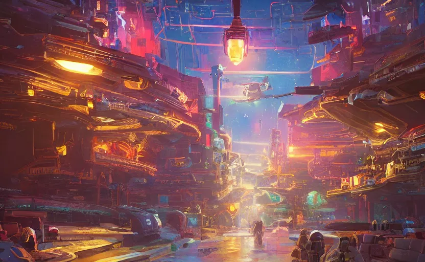 Image similar to a bounty hunter bar in a space opera studio ghibli animated film, global illumination, beautiful composition, volumetric lighting, octane render by alena aenami, highly detailed