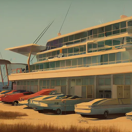 Image similar to yachting club by simon stalenhag