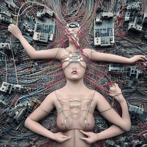 Image similar to tapping in to something greater, serene power, piles of modular synth cables, goddess laying down wearing a headpiece made of circuit boards, by cameron gray, wlop, stanley kubrick, masamune, hideki anno, unique perspective, trending on artstation, 3 d render, vivid