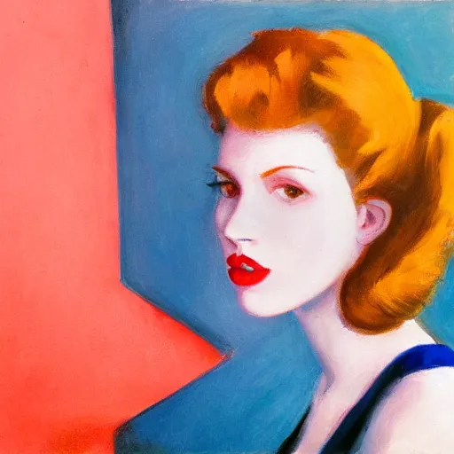 Image similar to Female model, red hair, coral lips, blue shadow, Edward Hopper style