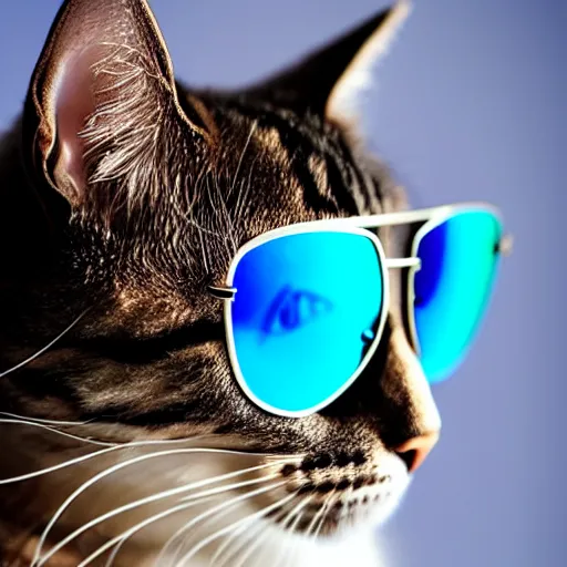 Prompt: a beautiful photograph of a cat wearing aviator sunglasses, blue and purle studiolighting